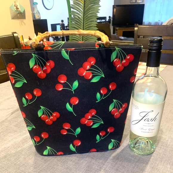Cherry Red and black bucket purse with bamboo handles 11”X13” - Picture 2 of 8